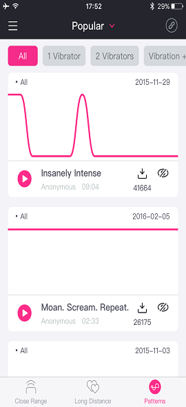 Snímek obrazovky aplikace Lovense Remote create unlimited patterns.