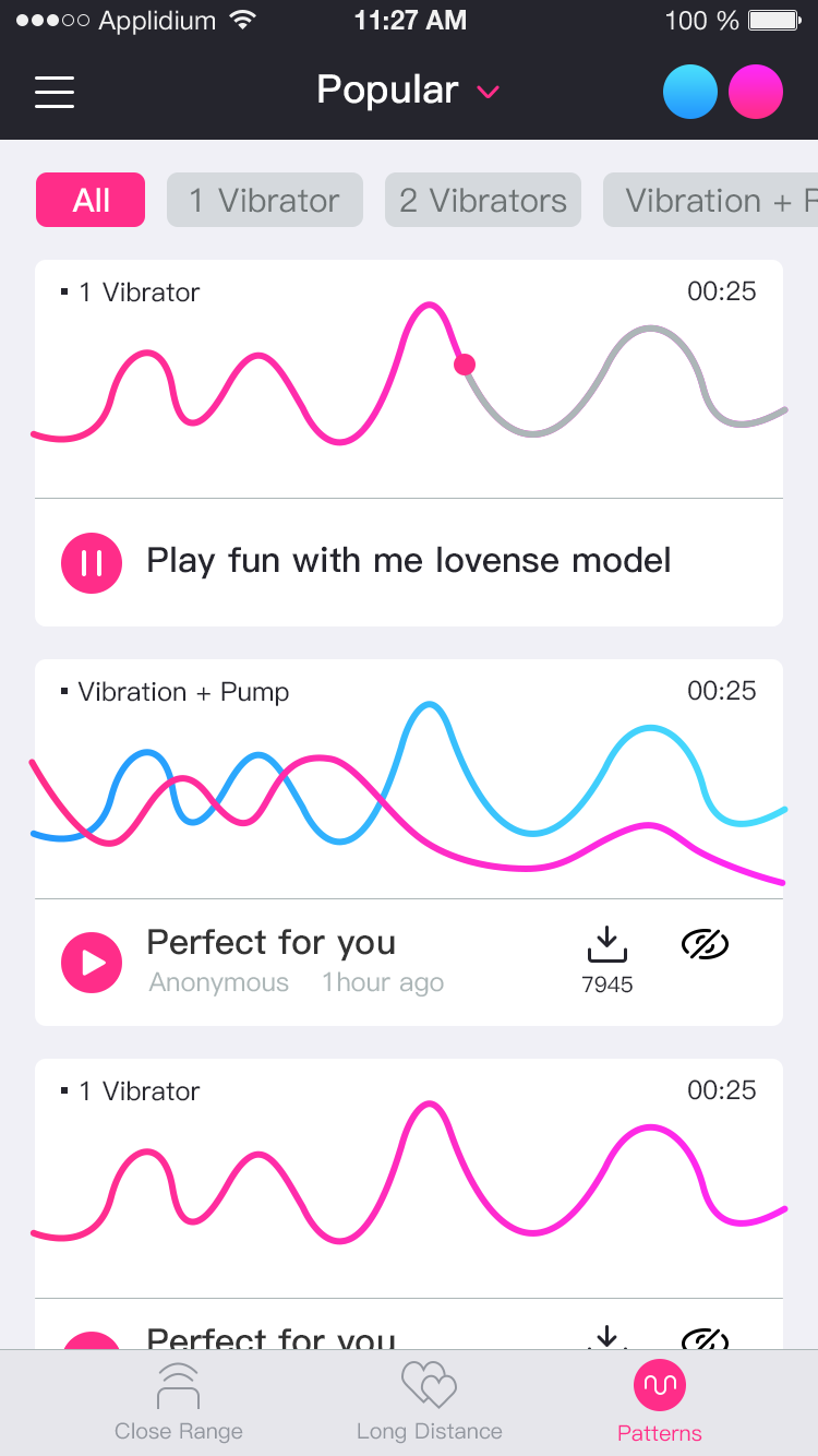 Snímek obrazovky aplikace Lovense Remote create unlimited patterns.